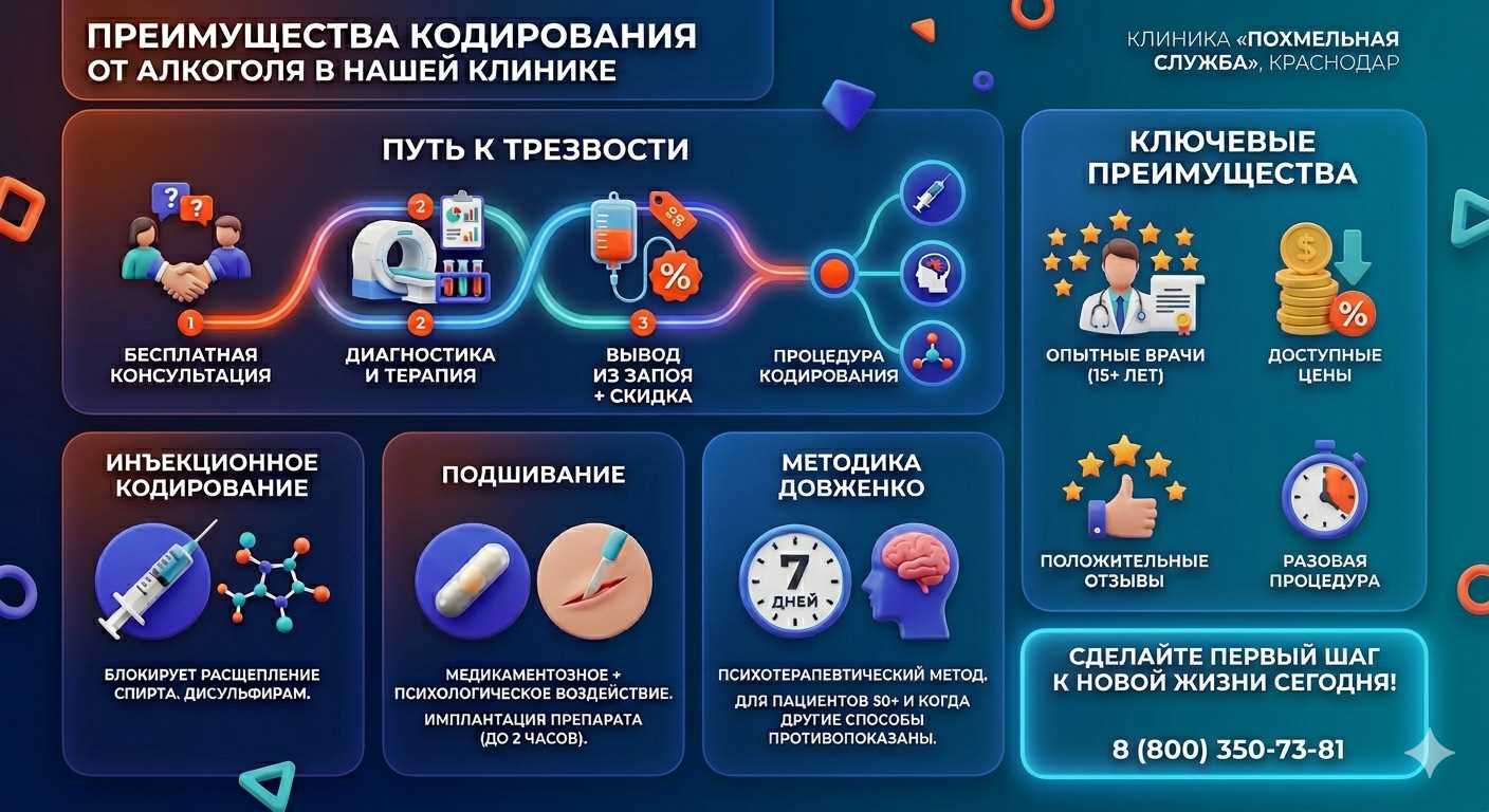 Инфографика о методах кодирования от алкоголя в Вардане: инъекции, подшивание, метод Довженко. Преимущества клиники и этапы лечения.