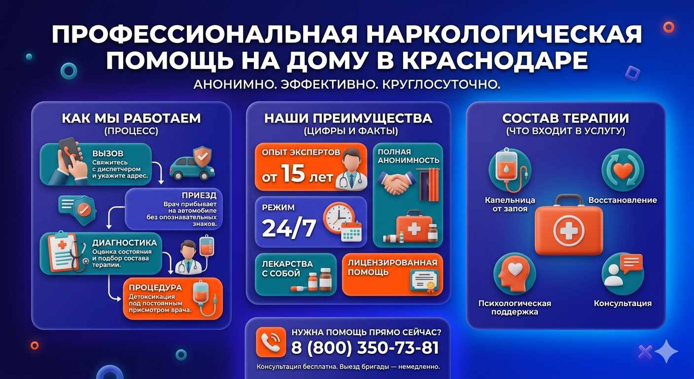 Инфографика о принципах лечения алкоголизма на дому в Вардане: этапы вызова нарколога, преимущества анонимной детоксикации и состав медицинской помощи.